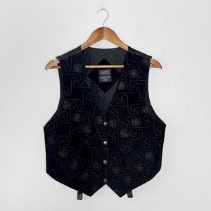 Vintage Leather Black Embroidered Vest Western Whimsigoth Goth Grunge M